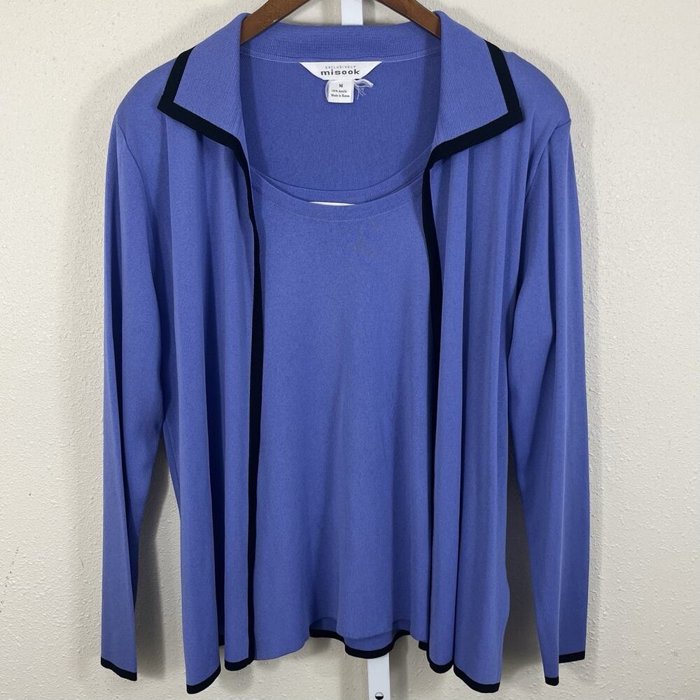 Misook Two Piece Knit Cardigan Tank Set Womens M Periwinkle Blue Black Trim